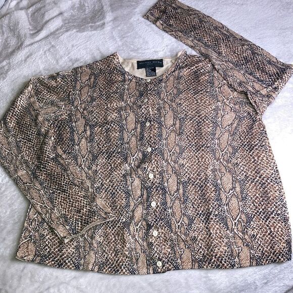 AUGUST SILK L Cardigan 100% Silk Long Sleeve Button Up Snake Skin Print Sweater - Picture 1 of 9